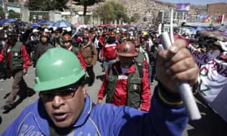 Bolivian miners protest in La Paz against the Amazon jungle highway and crackdown on protesters