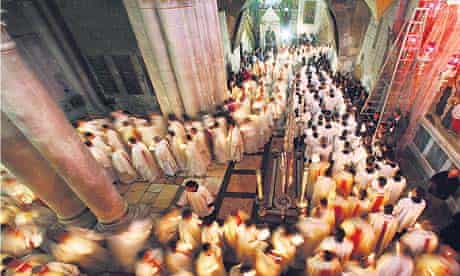 Catholic priests in the Church of the Holy Sepulchre in Jerusalem