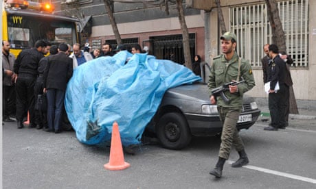 The car belonging to Iranian nuclear scientist Mostafa Ahmadi-Roshan at the blast site in Tehran