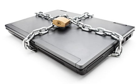A chained, padlocked laptop computer