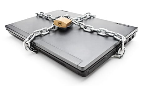 A chained, padlocked laptop computer