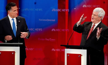 Mitt Romney and Newt Gingrich sparring at the NBC Republican debate in Tampa, Florida.
