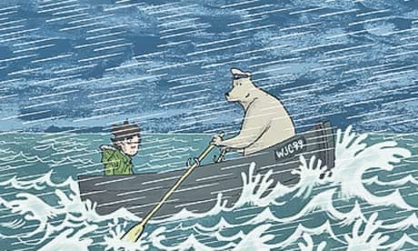 Dave Shelton illustration of the boy and the bear in a boat. The bear is rowing