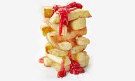 Chips stacked Jenga-style with ketchup