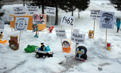 Barnaul Russia protest toys in the role of demonstrators with placards