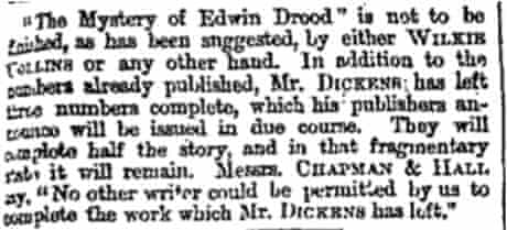 Wilikie Collins will not complete Drood