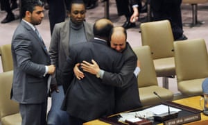 Prime ministerial contender? Libya's deputy UN ambassador Ibrahim Dabbashi (right) hugs the ambassador on 25 February 2011 after hearing his plea for the security council to impose sanctions against the Gaddafi regime.