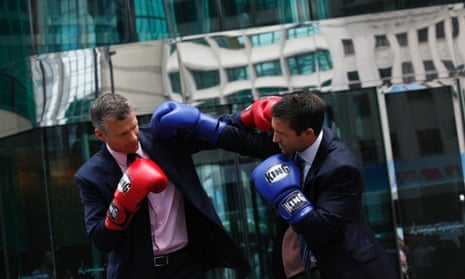 Richard Rouse and Brad Moreland of HSBC ahead of their Hedge Fund Fight Nite white collar charity boxing event in Hong Kong's financial district.