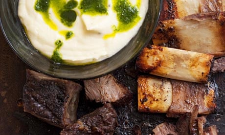 slow-roast short ribs with cauliflower chive purée.