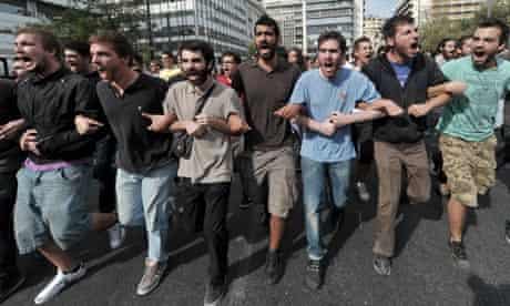 Greek students protest outside the finance ministry in Athens against austerity and unemployment
