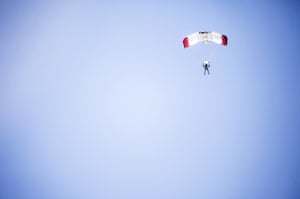 Skydive: Felix Baumgartner comes in to land in the desert in Roswell, New Mexico