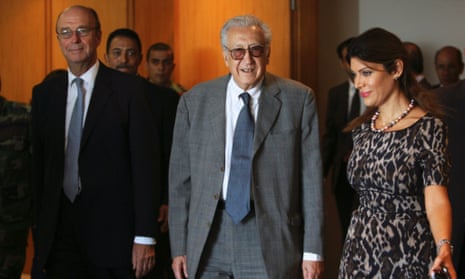 UN-Arab League peace envoy for Syria Lakhdar Brahimi is welcomed at Beirut international airport October on Wednesday.