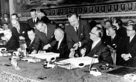 The German delegation sign the 'Treaty Of Rome'