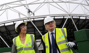 Tessa Jowell and Boris Johnson inspect construction work at the Olympic Stadium ahead of the London 2012 Games.