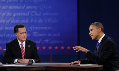 Mitt Romney listens to President Barack Obama during the third presidential debate at Lynn University, in Boca Raton, Florida.