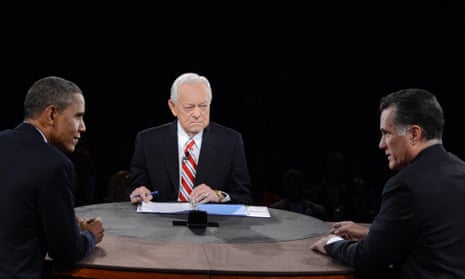Bob Schieffer looks pained as Mitt Romney speaks in the final US presidential debate.
