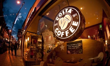 Costa coffee shop exterior, night, Aberystwyth Wales UK