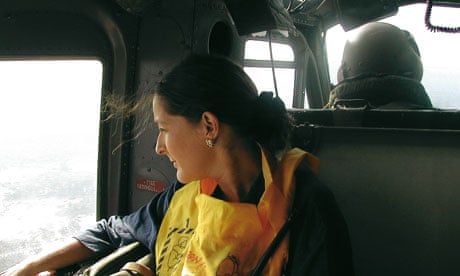 Frances Harrison on a helicopter in Sri Lanka.