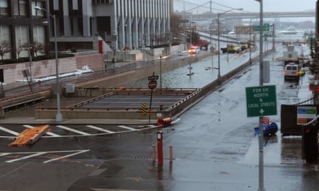 Hurricane Sandy floods reach the street level of the flooded Battery Park underpass, which leads to the Brooklyn-Battery tunnel in New York.