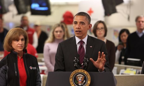 Barack Obama speaks at Red Cross headquarters Washington, DC, about ongoing relief in the wake of Hurricane Sandy.