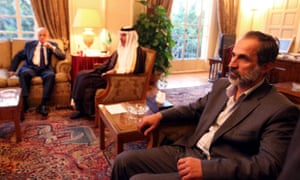 The new leader of the Syrian opposition Moaz Al-Khatib meets the Qatari prime minister Sheikh Hamad Bin Jassim Bin Jabr Al-Thani and Arab League secretary general Nabil al-Arabi in Cairo.