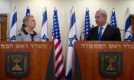 Israel's Prime Minister Benjamin Netanyahu and U.S. Secretary of State Hillary Clinton deliver joint statements in Jerusalem. The United States signaled that a Gaza truce could take days to achieve after Hamas backed away from an assurance that it and Israel would stop exchanging fire within hours.