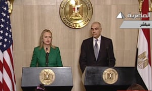 US secretary of state Hillary Clinton and Egyptian foreign minister Mohammed Amr give a joint news conference announcing a ceasefire between Israel and Hamas in Cairo
