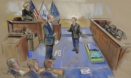 In a courtroom sketch, Bradley Manning explains his Qauntico marine brig cell