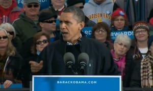 President Barack Obama campaigns in Madison, Wisconsin, Monday, Nov. 5, 2012, in a screen grab from a CBS feed.