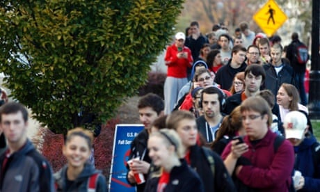 Voters wait in line at the Ohio Union to cast their ballots at the Ohio State University in Columbus, Ohio.