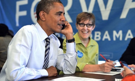 Barack Obama calls a volunteer from a campaign office in Chicago, Illinois, on election day 2012.