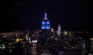The Empire State Building is lit blue after Obama wins the presidential election on election night.