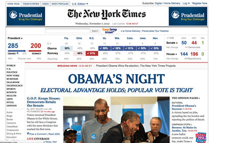 New York Times website announces Obama's victory