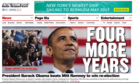 New York Post website announces Obama's victory.