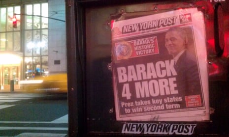 The New York Post on the day after Barack Obama's second election victory. Photograph: Paul Owen for the Guardian