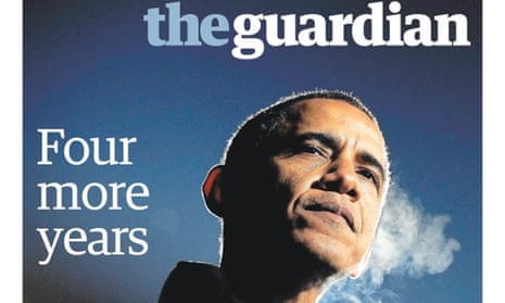 The Guardian newspaper front page 4.30am edition of Barack Obama winning the US election.
