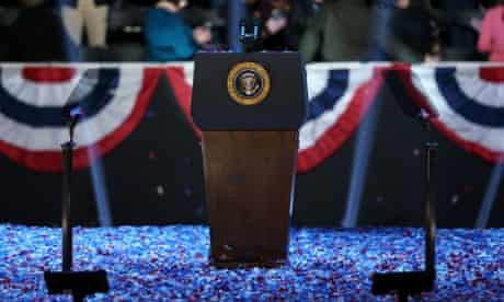 The podium stands surrounded by confetti after the election night at McCormick Place in Chicago, Illinois.