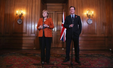 British Prime Minister David Cameron and German Chancellor Angela Merkel speak to the press ahead of a bilateral meeting at 10 Downing Street on November 7, 2012 in London, England.  