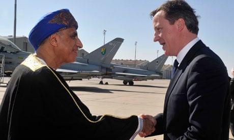David Cameron is greeted by Sayyid Fahd bin Mahmoud in Oman