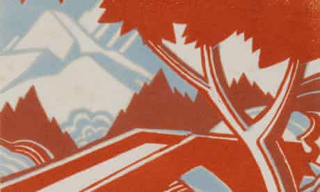 A detail from Leonard Beaumont's Mountain Stream, a linocut from circa 193