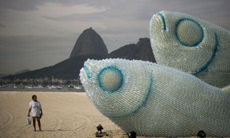 A fish installation made of plastic bottles on the sidelines of Rio+20 Earth Summit