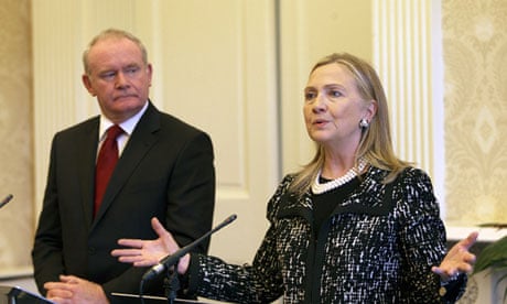 Hillary Clinton with Martin McGuinness at a press conference at Stormont Castle