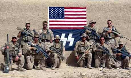 US marines with flag resembling Nazi SS
