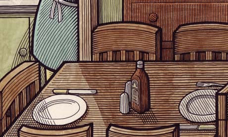 Clifford Harper illustration of a wooden table laid for dinner
