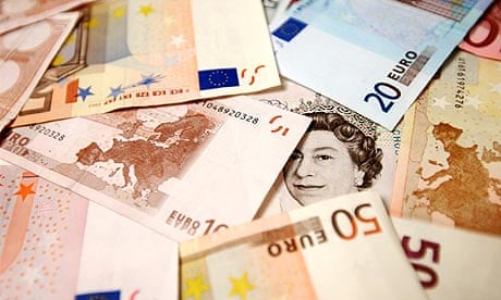 A close up of a Sterling note surrounded by Euro notes