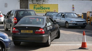 Petrol: Hackney, London: Cars queue up at a petrol station