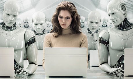 A woman works on a laptop surrounded by watching androids