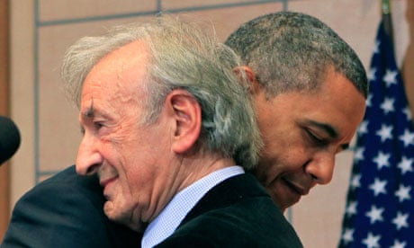 Obama was introduced by Holocaust survivor Eli Wiesel