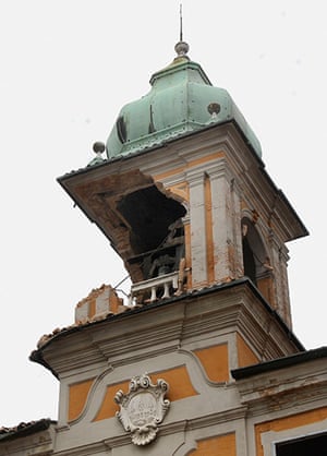 earthquake in italy: The damaged bell tower of  Finale Emilia city hall building