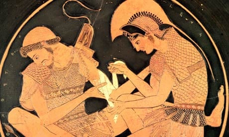 Painting of Achilles tending the wounds of Patroclus, circa 500BC